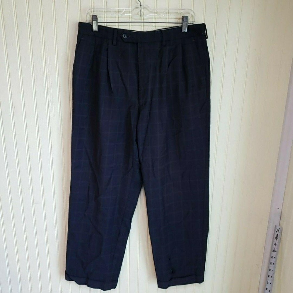 Turnbury Dress‎ Pants Mens 34x28 Blue Wool Plaid Pleated Classic Fit Slacks